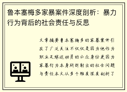 鲁本塞梅多家暴案件深度剖析：暴力行为背后的社会责任与反思